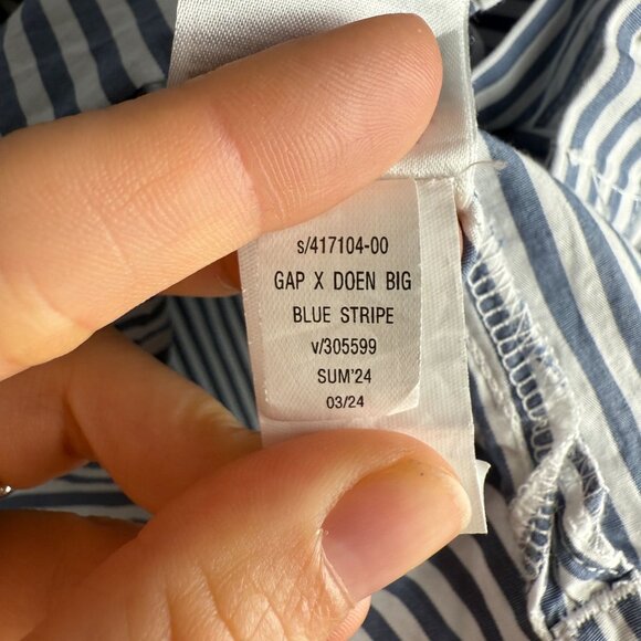 Gap X DOEN Eyelet Lace Collar Button Down Big Shirt Blue Stripe 100% Cotton L - Picture 9 of 11